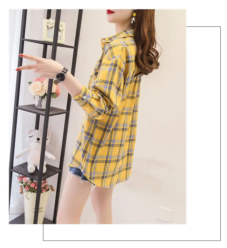 Women Cotton Plaid Shirt Long Sleeve Retro Korean Style — feature 12