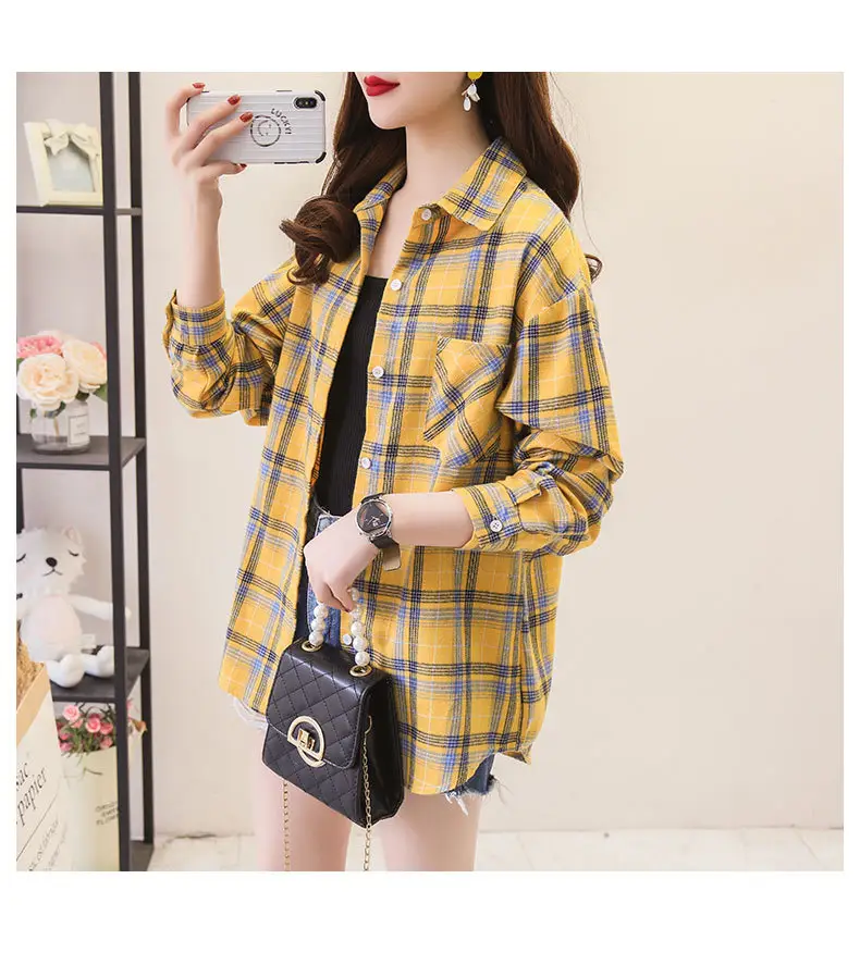 Women Cotton Plaid Shirt Long Sleeve Retro Korean Style — feature 14