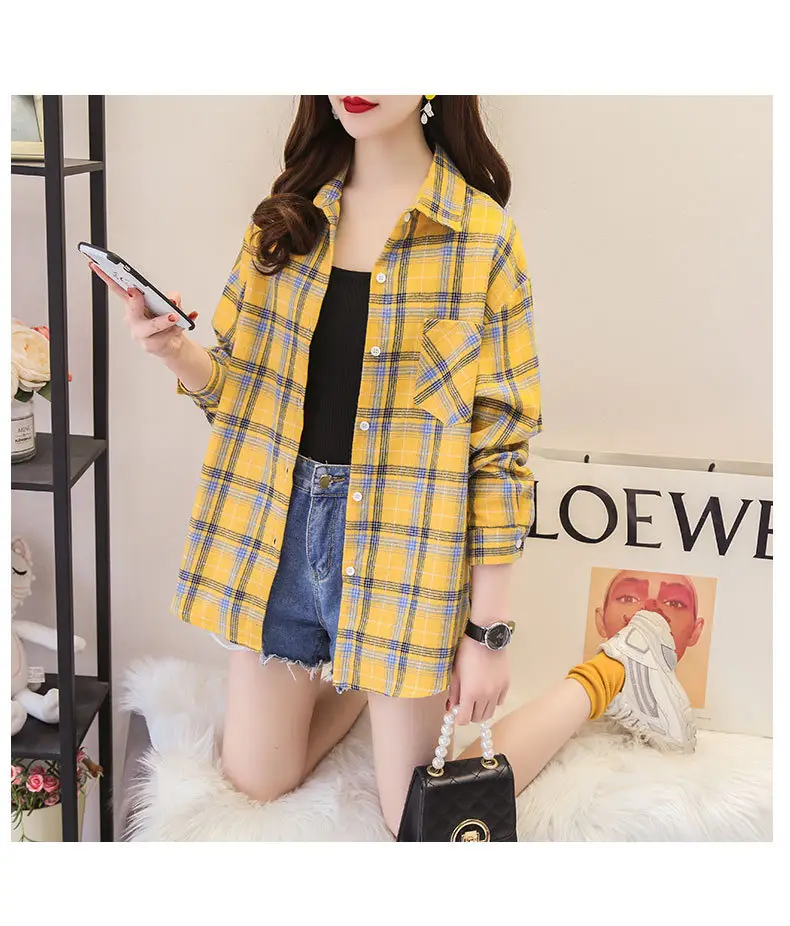 Women Cotton Plaid Shirt Long Sleeve Retro Korean Style — feature 15