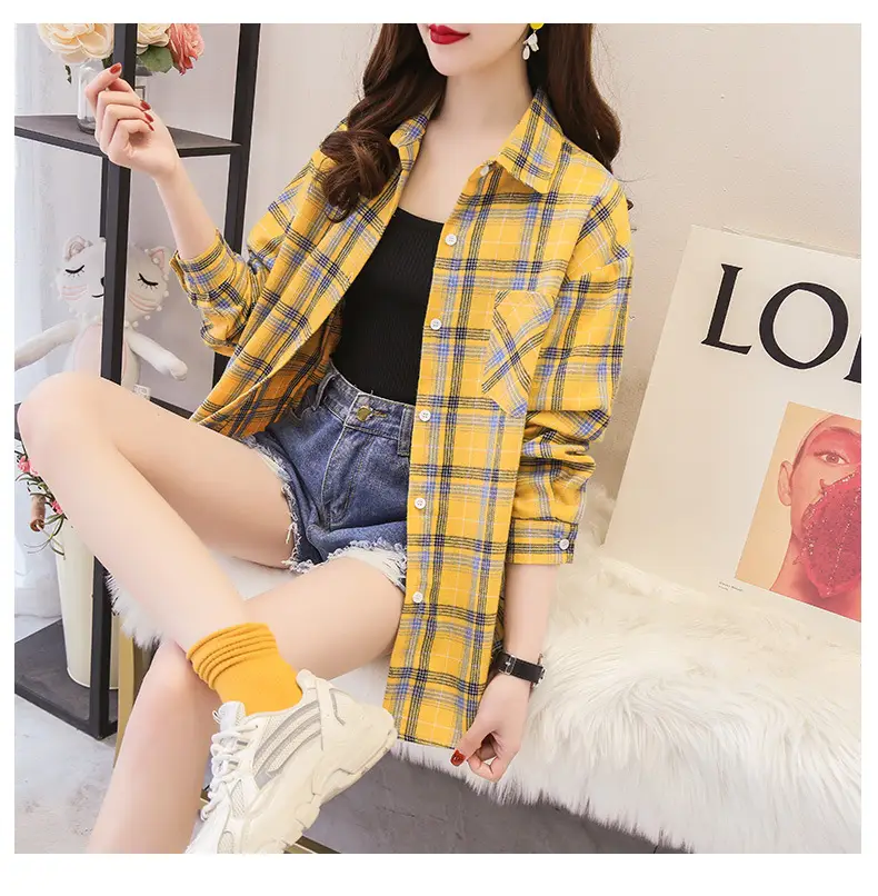 Women Cotton Plaid Shirt Long Sleeve Retro Korean Style — feature 16