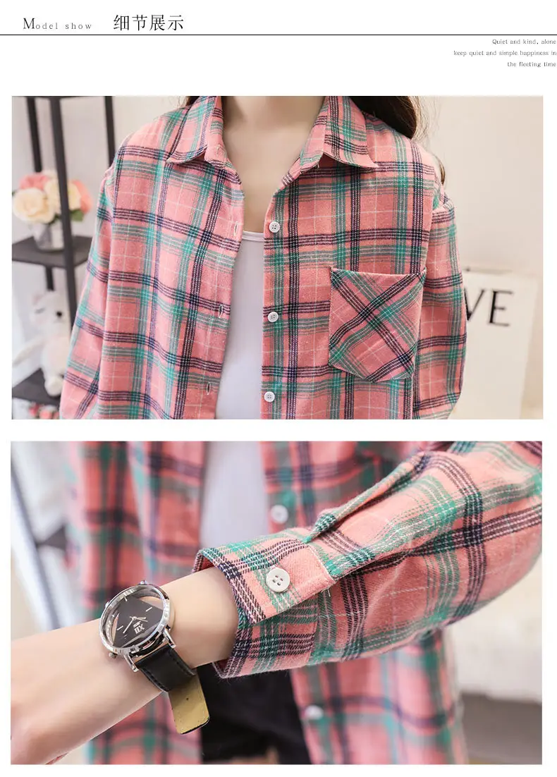Women Cotton Plaid Shirt Long Sleeve Retro Korean Style — feature 17