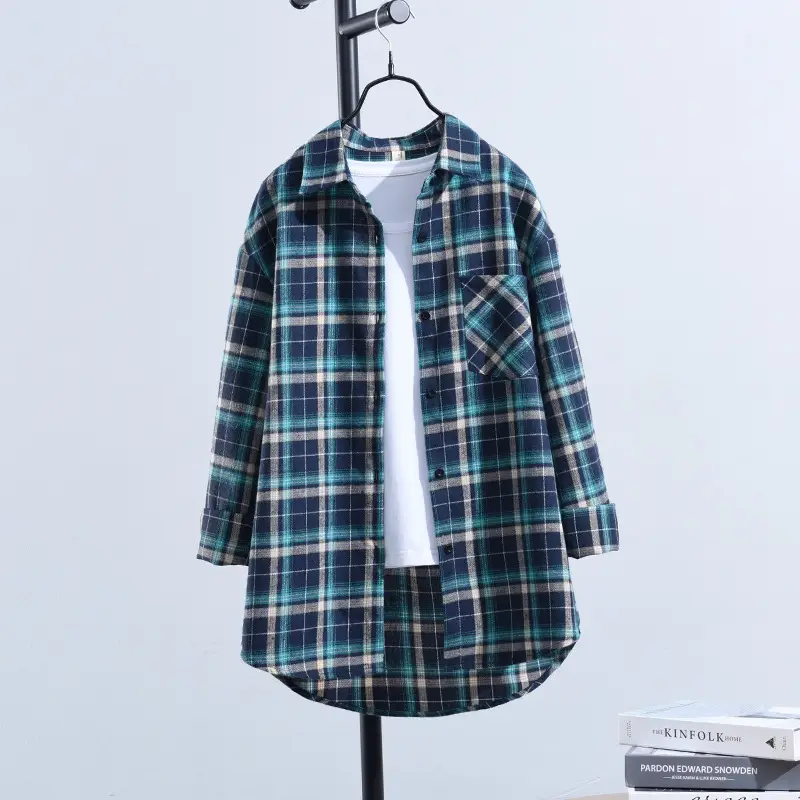 Women Cotton Plaid Shirt Long Sleeve Retro Korean Style — feature 22