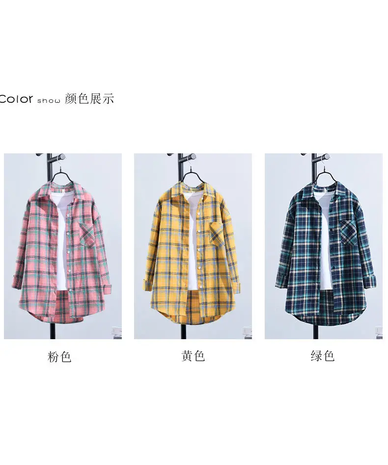 Women Cotton Plaid Shirt Long Sleeve Retro Korean Style — feature 5