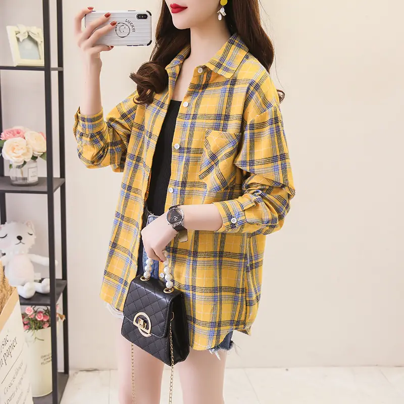 Women Cotton Plaid Shirt Long Sleeve Retro Korean Style — feature 6