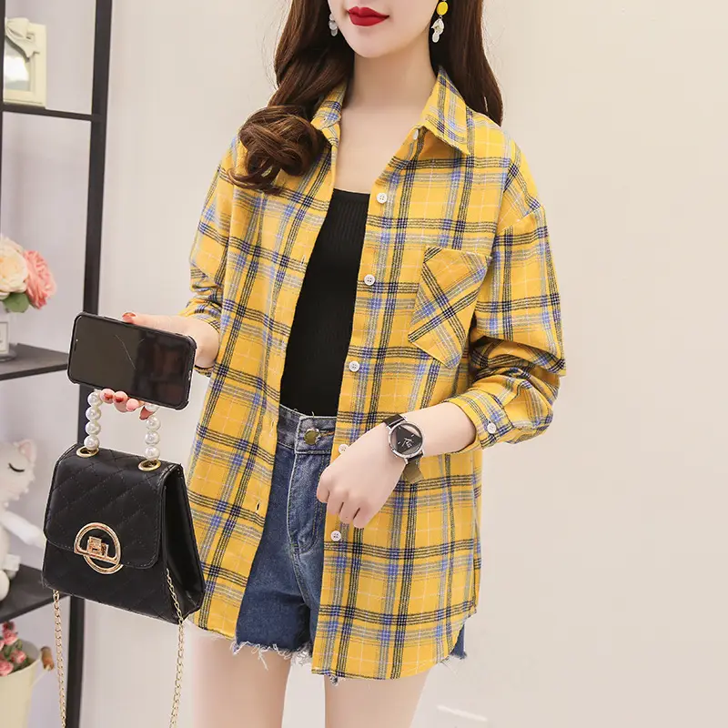 Women Cotton Plaid Shirt Long Sleeve Retro Korean Style — feature 7
