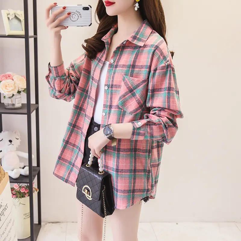 Women Cotton Plaid Shirt Long Sleeve Retro Korean Style — feature 9