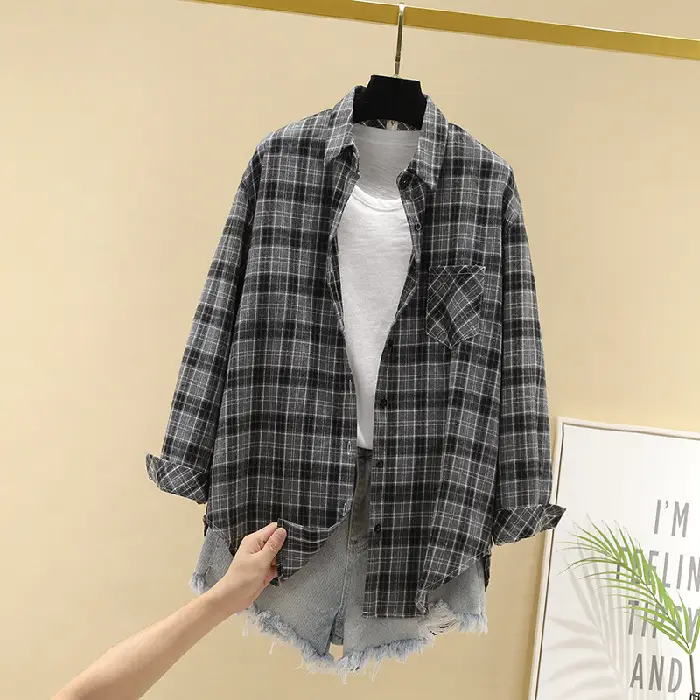 Women Cotton Plaid Shirt Long Sleeve Retro Korean Style — feature 21