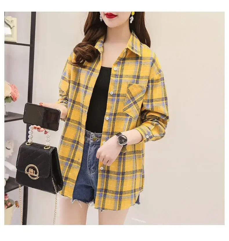 Women Cotton Plaid Shirt Long Sleeve Retro Korean Style - Image 14