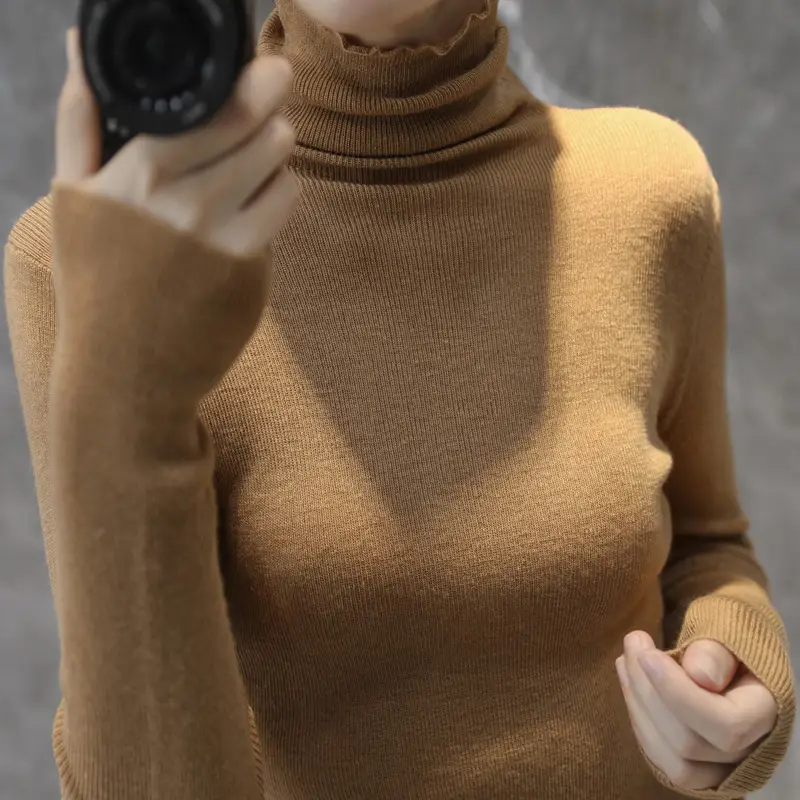 Women High Collar Blue Pullover Sweater with Long Sleeve - Image 13