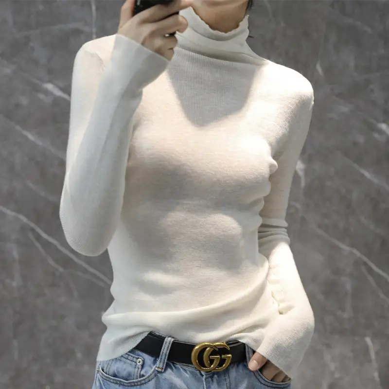 Women High Collar Blue Pullover Sweater with Long Sleeve - Image 14