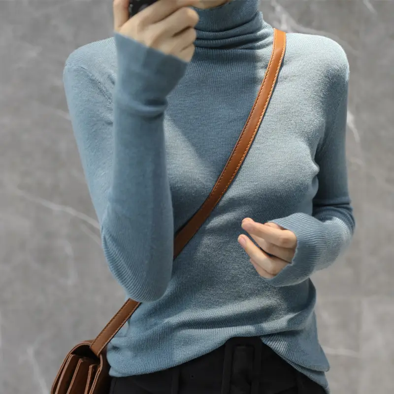 Women High Collar Blue Pullover Sweater with Long Sleeve - Image 15