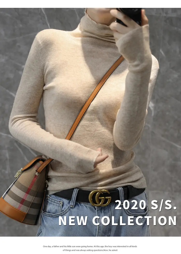 Women High Collar Blue Pullover Sweater with Long Sleeve — feature 1