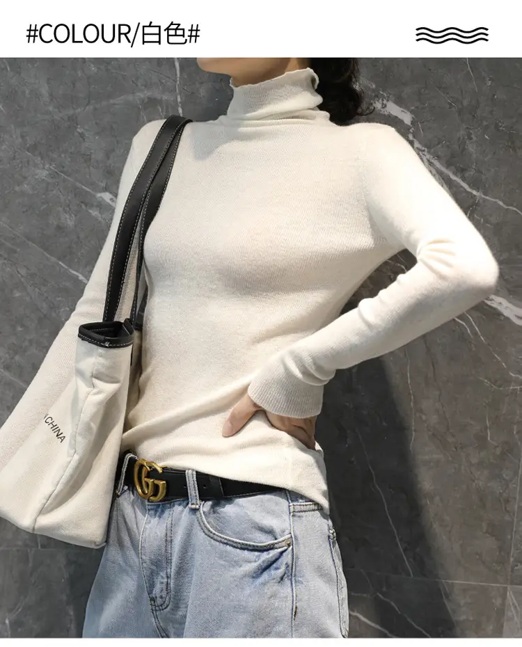 Women High Collar Blue Pullover Sweater with Long Sleeve — feature 10