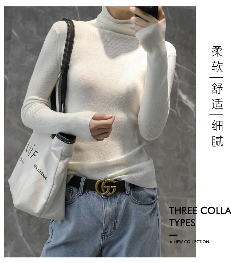 Women High Collar Blue Pullover Sweater with Long Sleeve — feature 11
