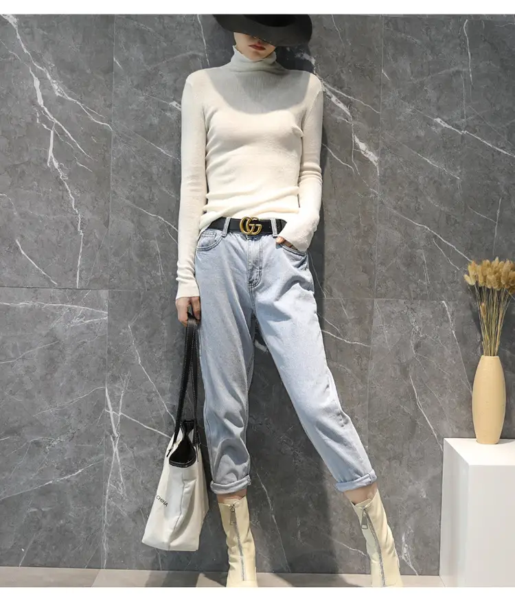 Women High Collar Blue Pullover Sweater with Long Sleeve — feature 12