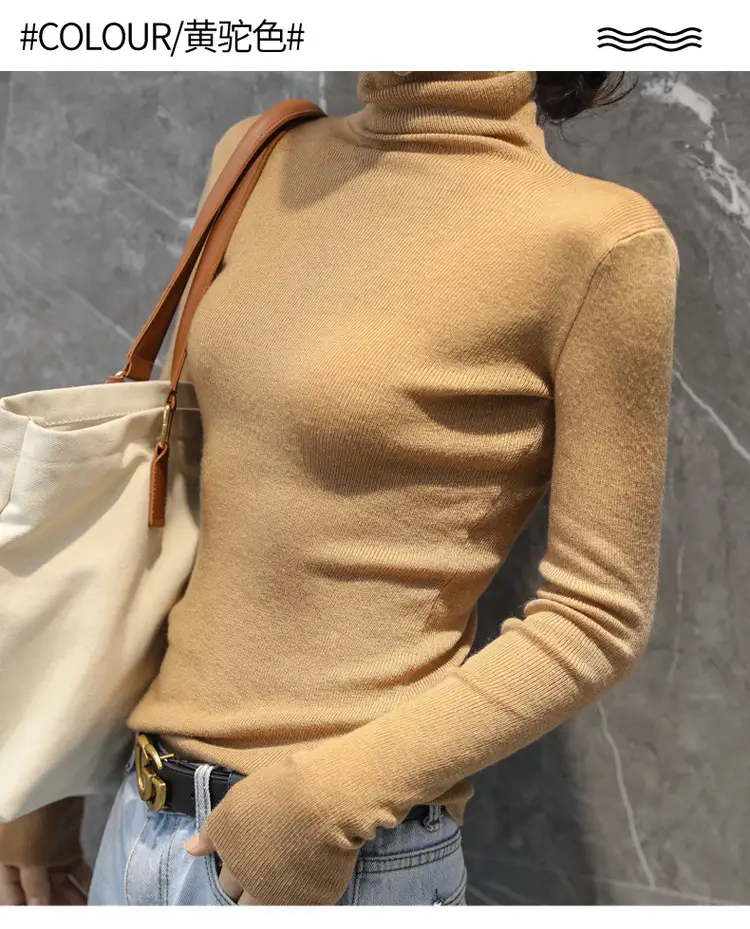 Women High Collar Blue Pullover Sweater with Long Sleeve — feature 13