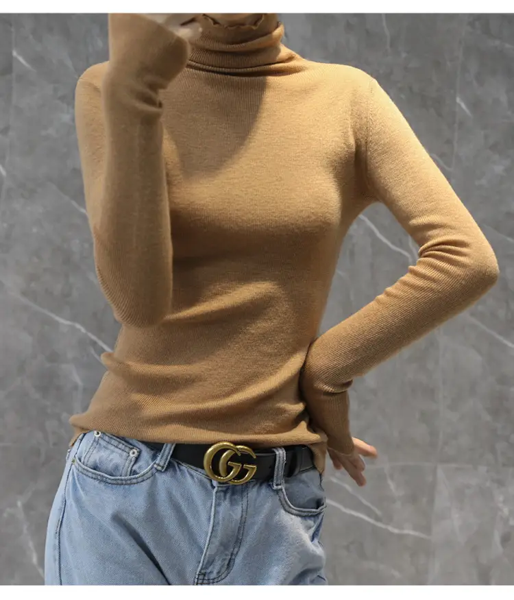 Women High Collar Blue Pullover Sweater with Long Sleeve — feature 14