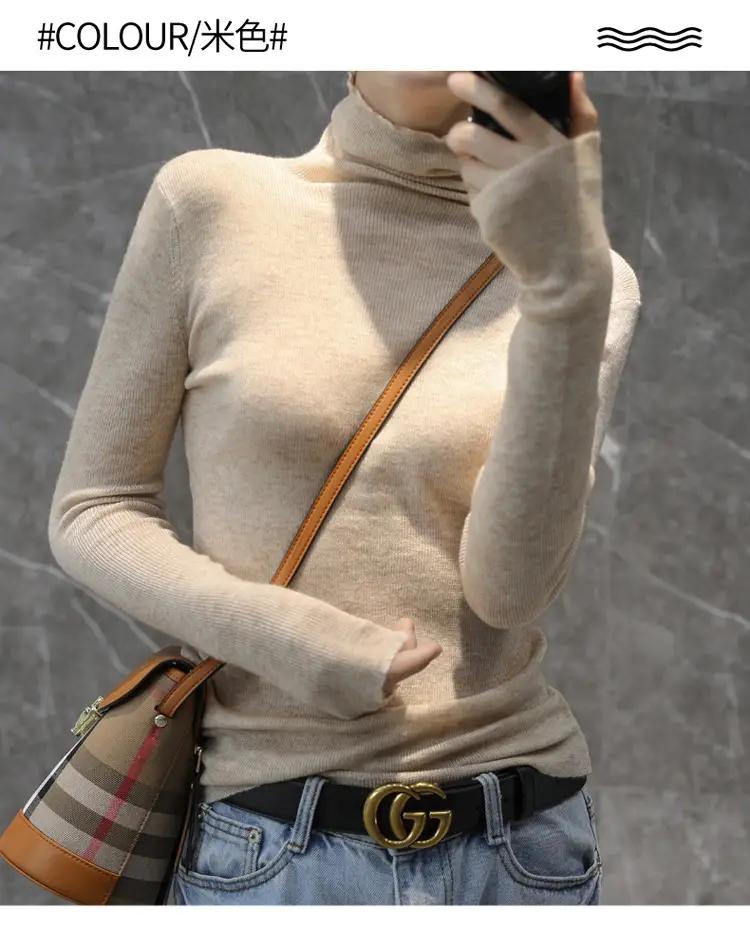 Women High Collar Blue Pullover Sweater with Long Sleeve — feature 15