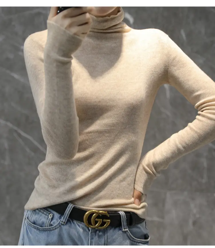 Women High Collar Blue Pullover Sweater with Long Sleeve — feature 16