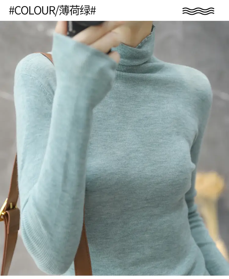 Women High Collar Blue Pullover Sweater with Long Sleeve — feature 17