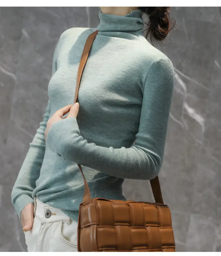 Women High Collar Blue Pullover Sweater with Long Sleeve — feature 18