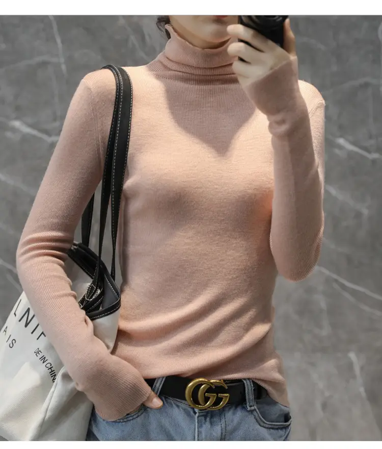 Women High Collar Blue Pullover Sweater with Long Sleeve — feature 20