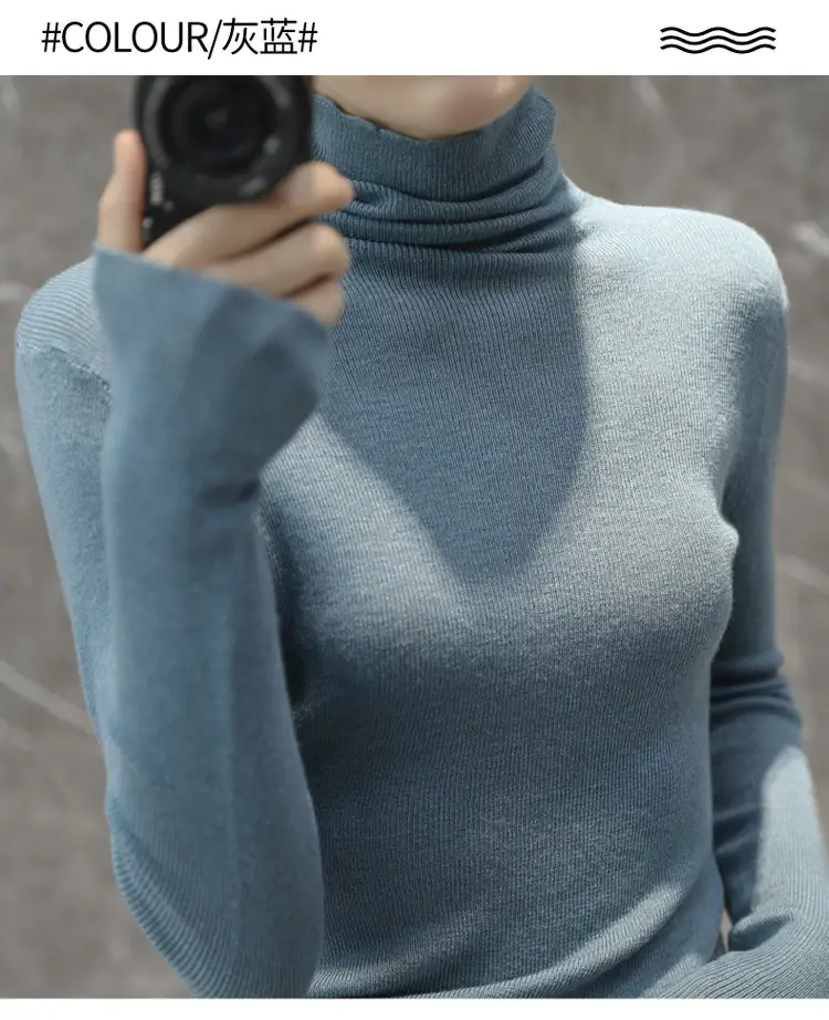 Women High Collar Blue Pullover Sweater with Long Sleeve — feature 21