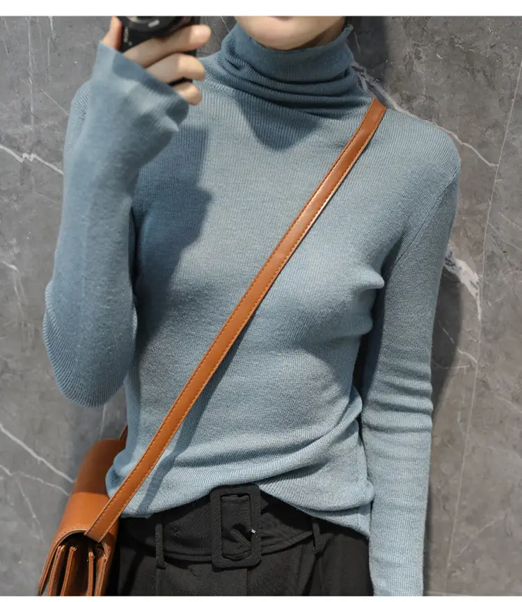 Women High Collar Blue Pullover Sweater with Long Sleeve — feature 22
