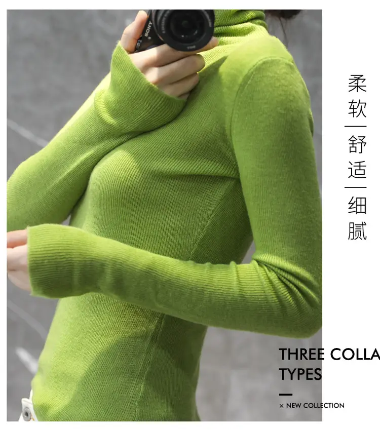Women High Collar Blue Pullover Sweater with Long Sleeve — feature 24