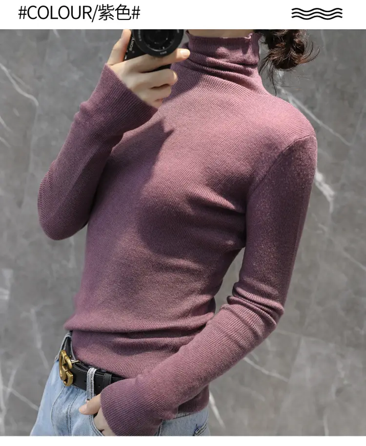 Women High Collar Blue Pullover Sweater with Long Sleeve — feature 28