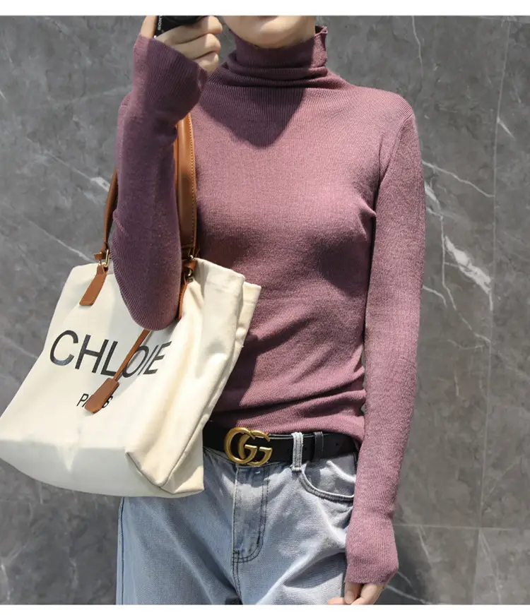 Women High Collar Blue Pullover Sweater with Long Sleeve — feature 29