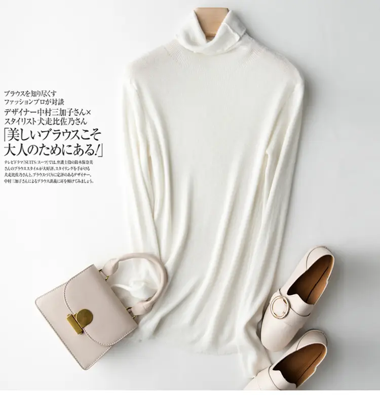 Women High Collar Blue Pullover Sweater with Long Sleeve — feature 34