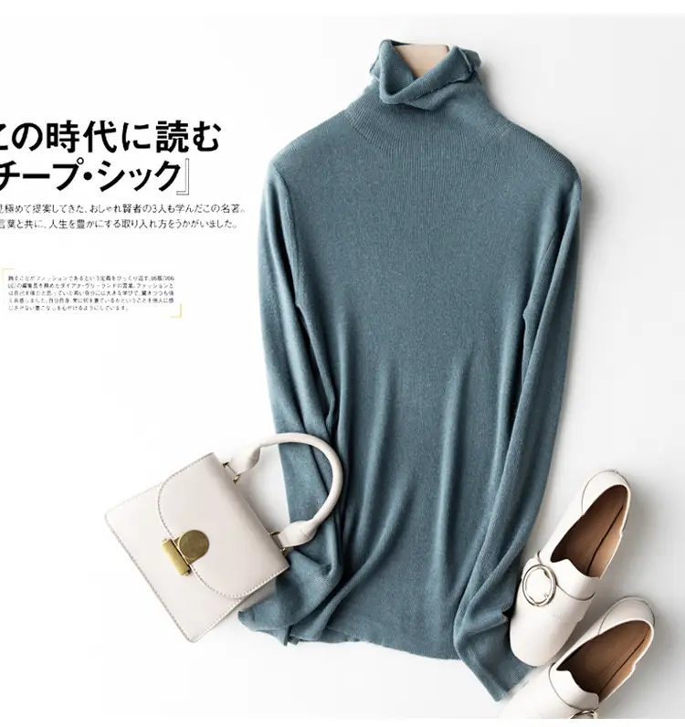 Women High Collar Blue Pullover Sweater with Long Sleeve — feature 42