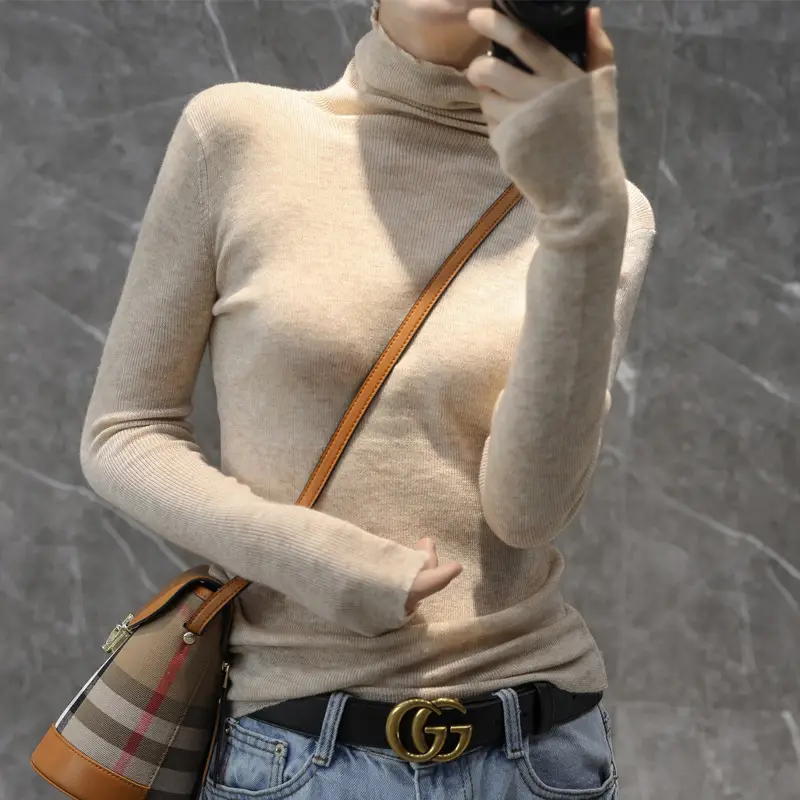Women High Collar Blue Pullover Sweater with Long Sleeve - Image 10