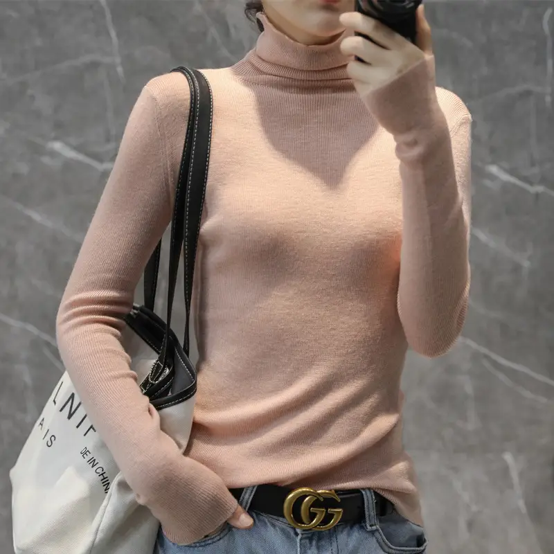 Women High Collar Blue Pullover Sweater with Long Sleeve - Image 2