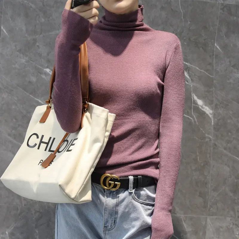 Women High Collar Blue Pullover Sweater with Long Sleeve - Image 3