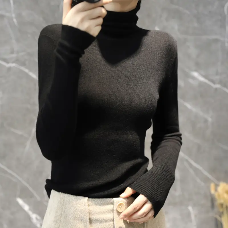 Women High Collar Blue Pullover Sweater with Long Sleeve - Image 4