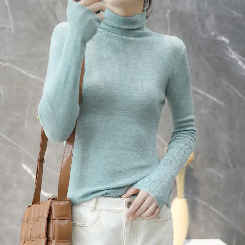 Women High Collar Blue Pullover Sweater with Long Sleeve - Image 5