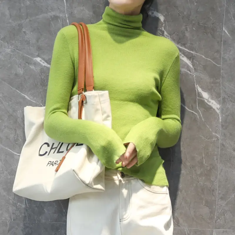 Women High Collar Blue Pullover Sweater with Long Sleeve - Image 6