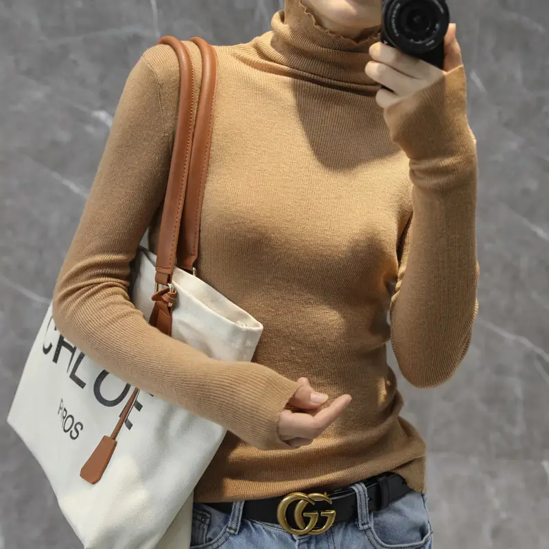 Women High Collar Blue Pullover Sweater with Long Sleeve - Image 7