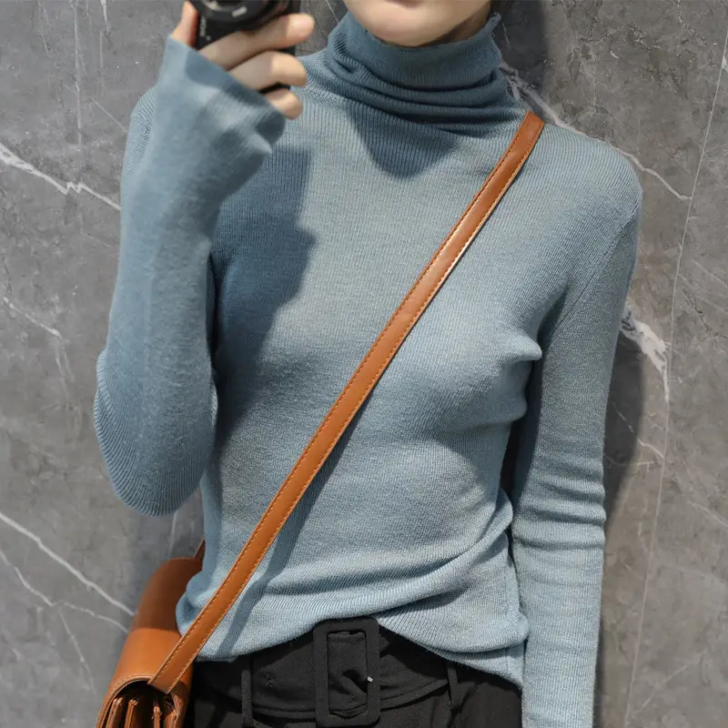 Women High Collar Blue Pullover Sweater with Long Sleeve - Image 8