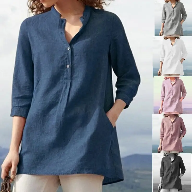 Women's Cross-Border New Spring Summer Cotton Shirt Blue - Image 7