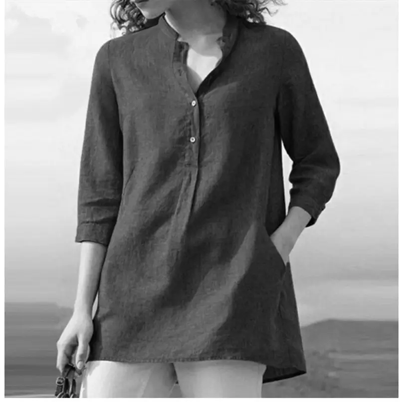 Women's Cross-Border New Spring Summer Cotton Shirt Blue - Image 2