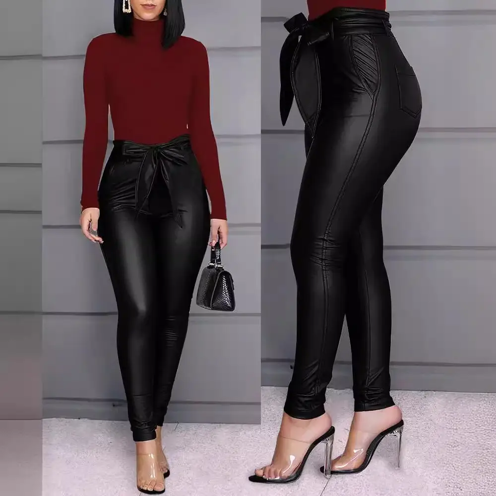 Women Skinny Slim Blue PU Leather Pants with Belt - Image 5