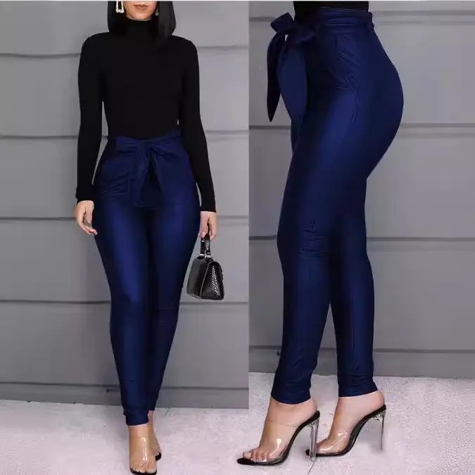Women Skinny Slim Blue PU Leather Pants with Belt - Image 6