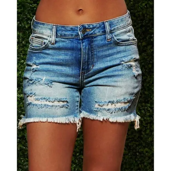 Women's Stretch Denim Shorts with Ripped Tassels - Image 6