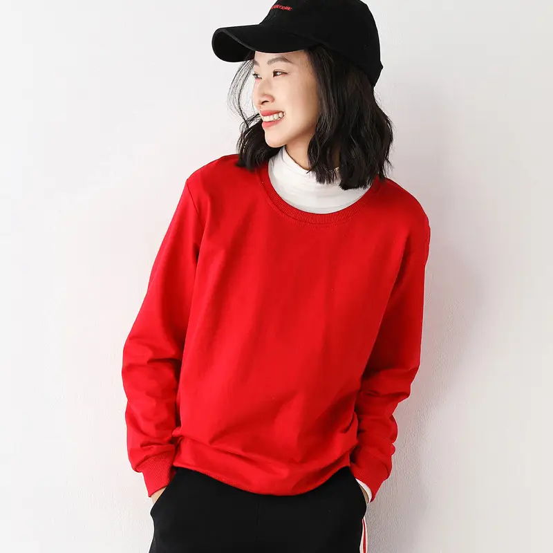 Women 2025 Cotton Crew Neck Sweatshirt Black Loose - Image 2