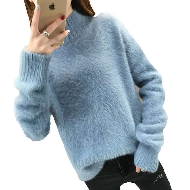 Women's Blue Knitted Half-Turtleneck Sweater - Image 11