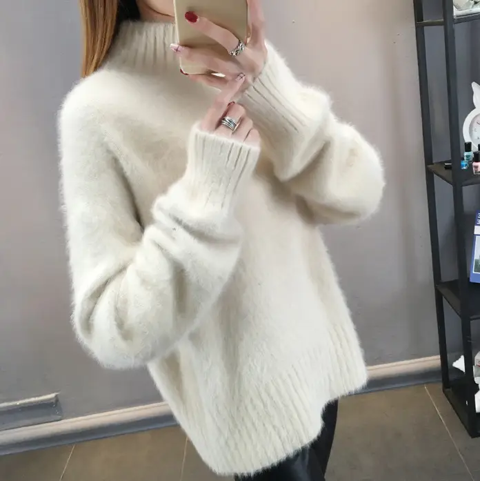 Women's Blue Knitted Half-Turtleneck Sweater - Image 3