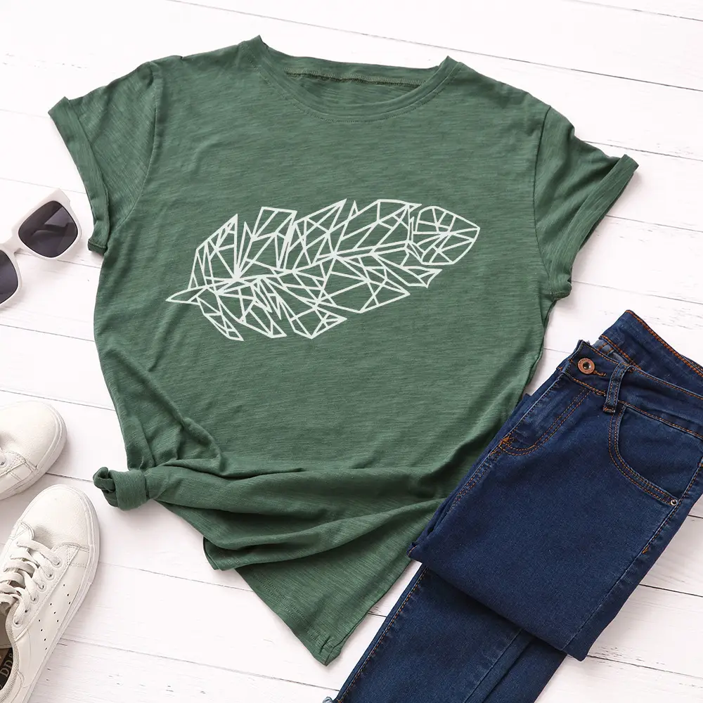 Women Cotton Leaf Print T-Shirt Green Round Neck - Image 11